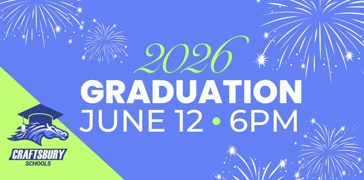 Craftsbury logo with graduation cap, fireworks in background
